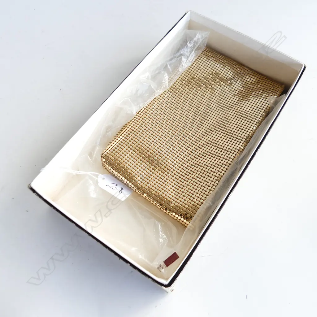 VINTAGE OROTON GOLD MESH CLUTCH BAG (L 195MM) IN ORIGINAL BOX + FAUX LOUIS VUITTON SHOE OR CLUTCH BAG, L. 340MM  A/F Image 1++