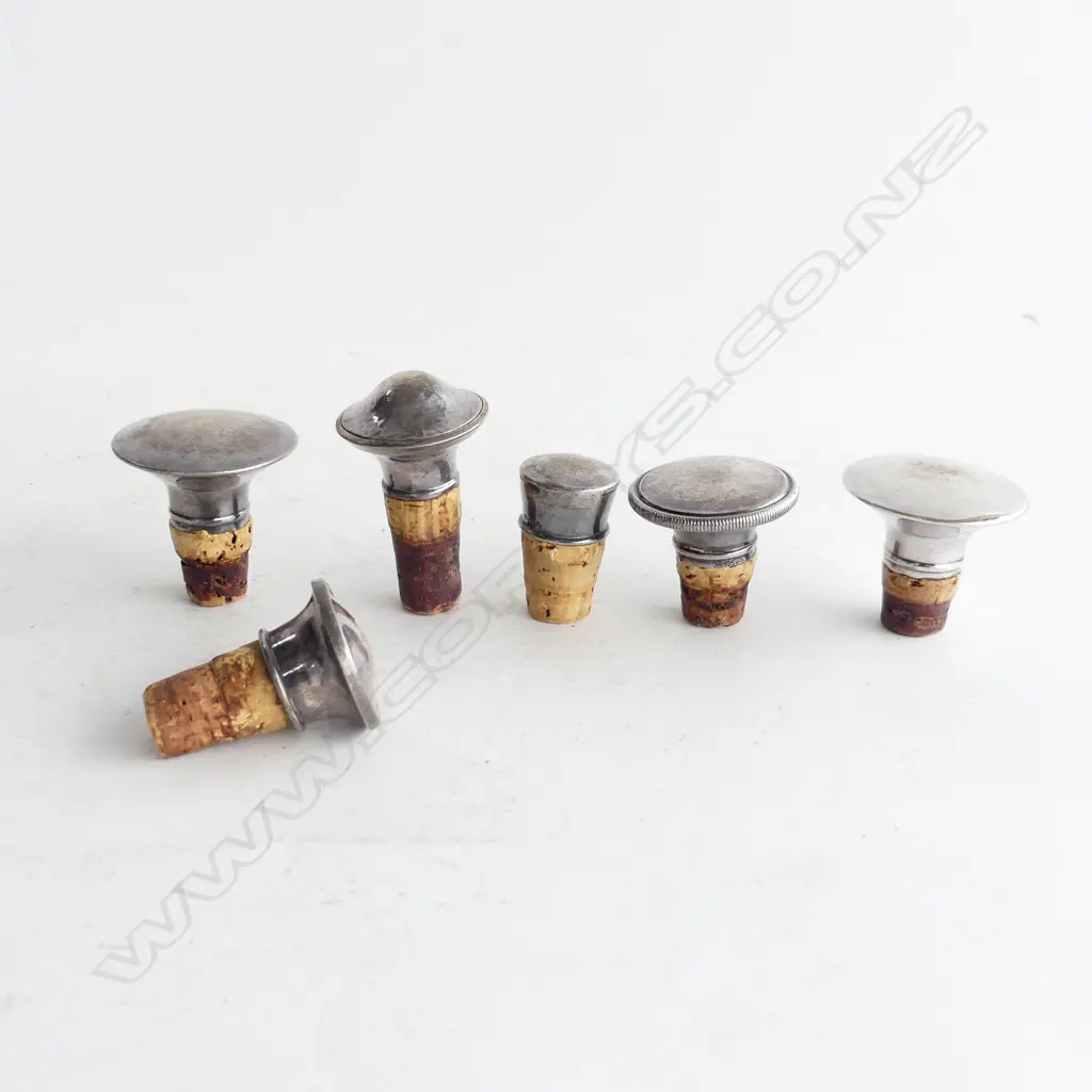 6 GERMAN SILVER & CORK BOTTLE STOPPERS; 4x925, 1x835, 1x800 Image 1++
