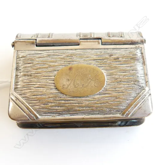 ANTIQUE PLATED COMBINATION VESTA & STAMP BOX IN FORM OF BOOK, RD387871, L 50MM