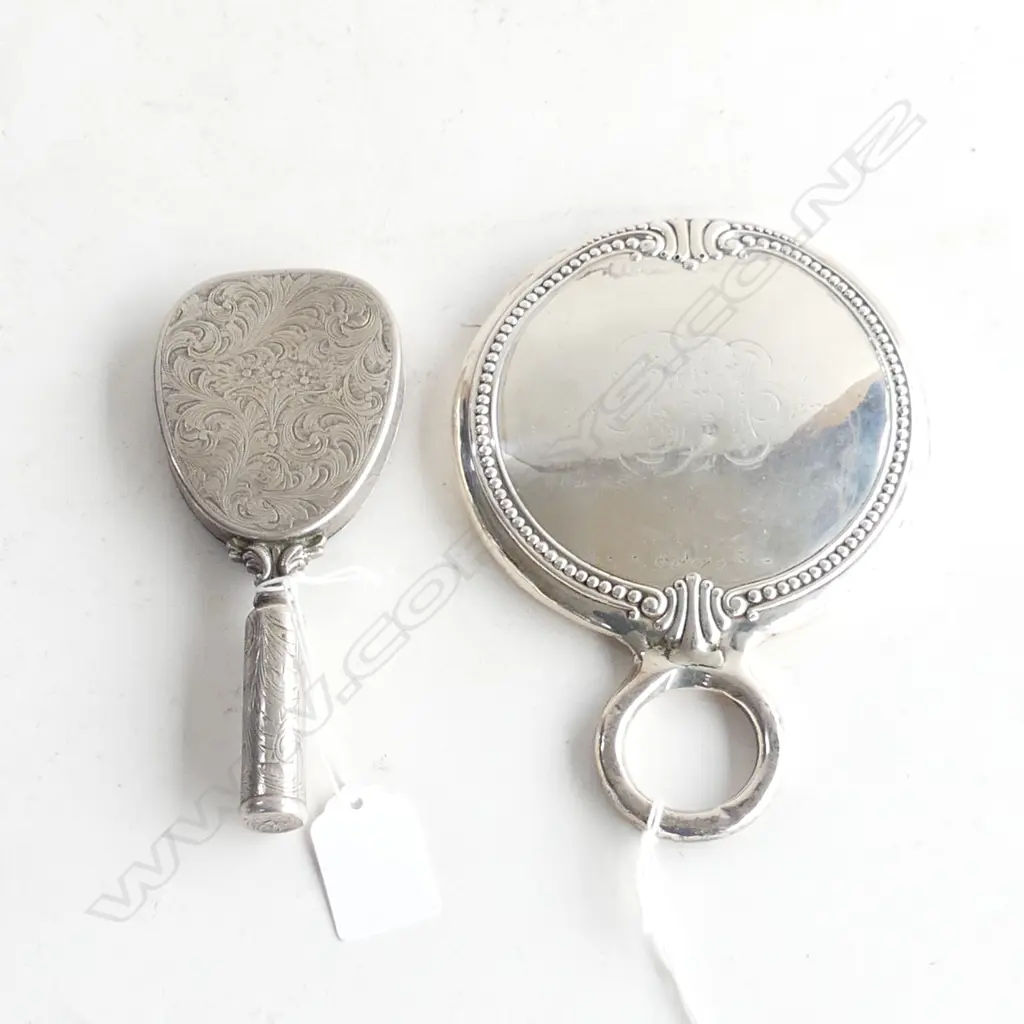 2 ANTIQUE SILVER HAND MIRRORS; ITALIAN 800 w. COMPACT & LAPIS CABOCHON (LIPSTICK HANDLE) H.150mm + STERLING 120mm dia Image 1++