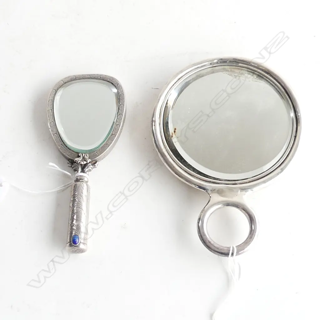 2 ANTIQUE SILVER HAND MIRRORS; ITALIAN 800 w. COMPACT & LAPIS CABOCHON (LIPSTICK HANDLE) H.150mm + STERLING 120mm dia Image 1++