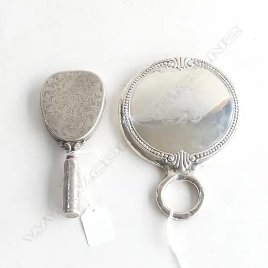2 ANTIQUE SILVER HAND MIRRORS; ITALIAN 800 w. COMPACT & LAPIS CABOCHON (LIPSTICK HANDLE) H.150mm + STERLING 120mm dia