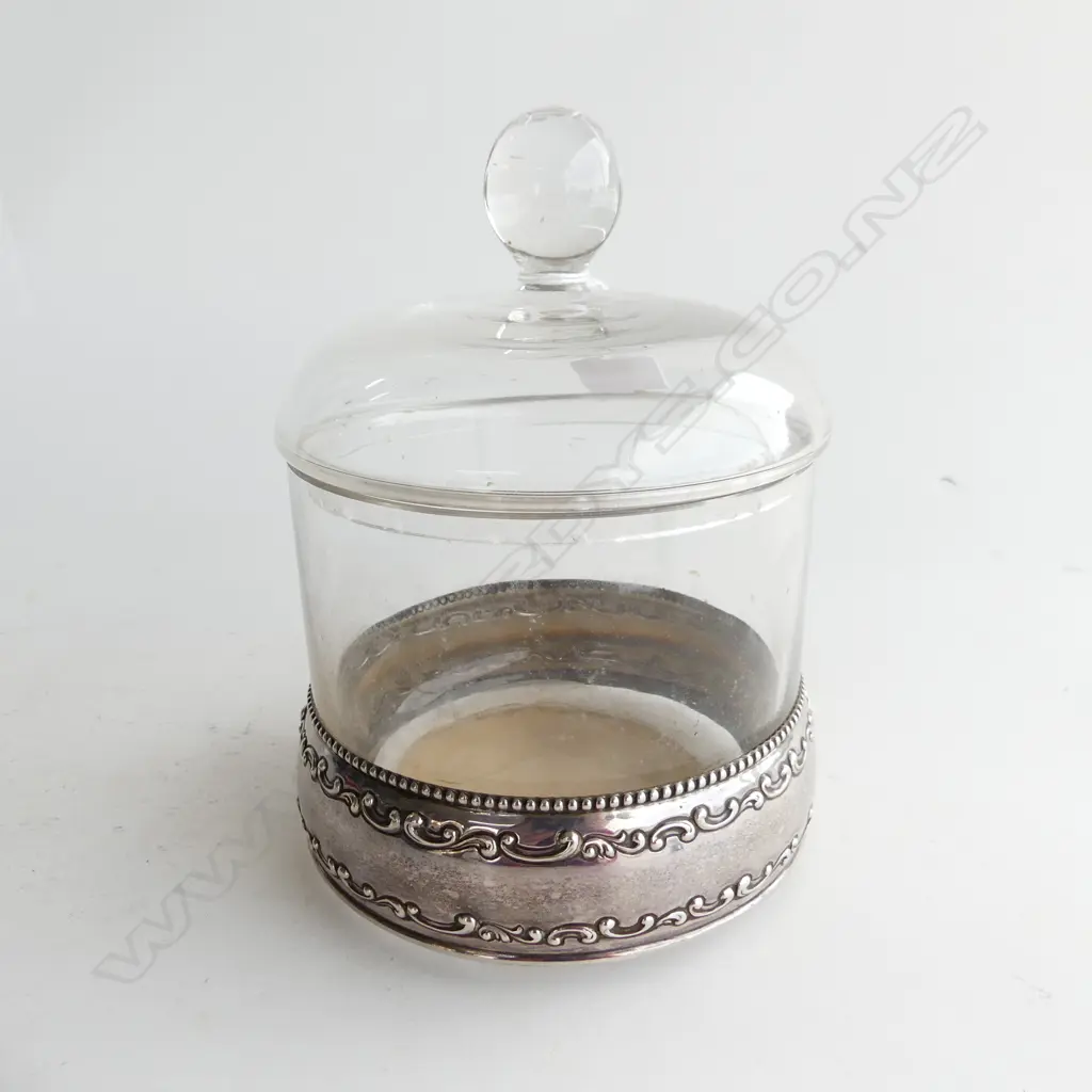 LIDDED GLASS CONTAINER w. STG TRIM 125mm dia Image 1++