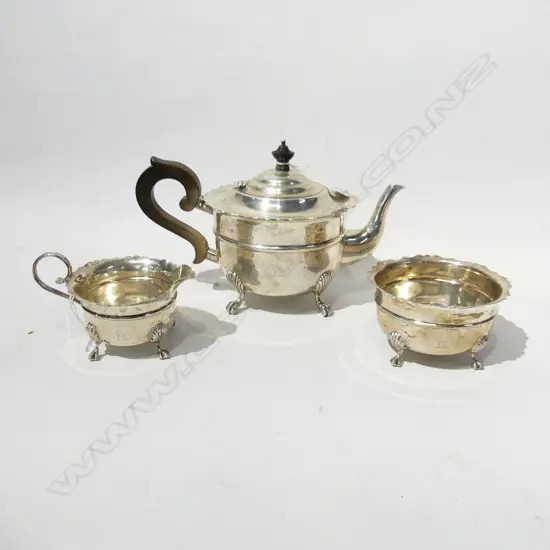 3 PCE STG SILVER TEA SET; TEAPOT, MILK & SUGAR B'HAM 1910 607 GRAMS