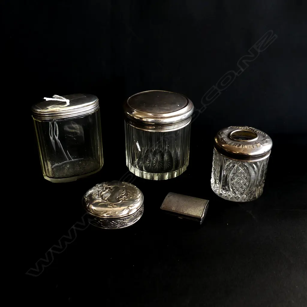 5 SILVER CONTAINERS; 3 STG & CRYSTAL H.85mm, 925 PILL CASE H.40mm, 800 'MARIA' 60mm dia Image 1++