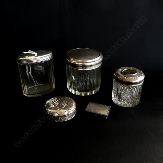 5 SILVER CONTAINERS; 3 STG & CRYSTAL H.85mm, 925 PILL CASE H.40mm, 800 'MARIA' 60mm dia