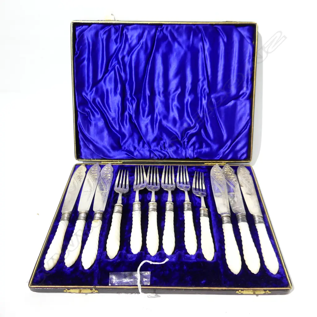 SILVER PLATE & MOP FANCY CASED FISH SET Image 1++