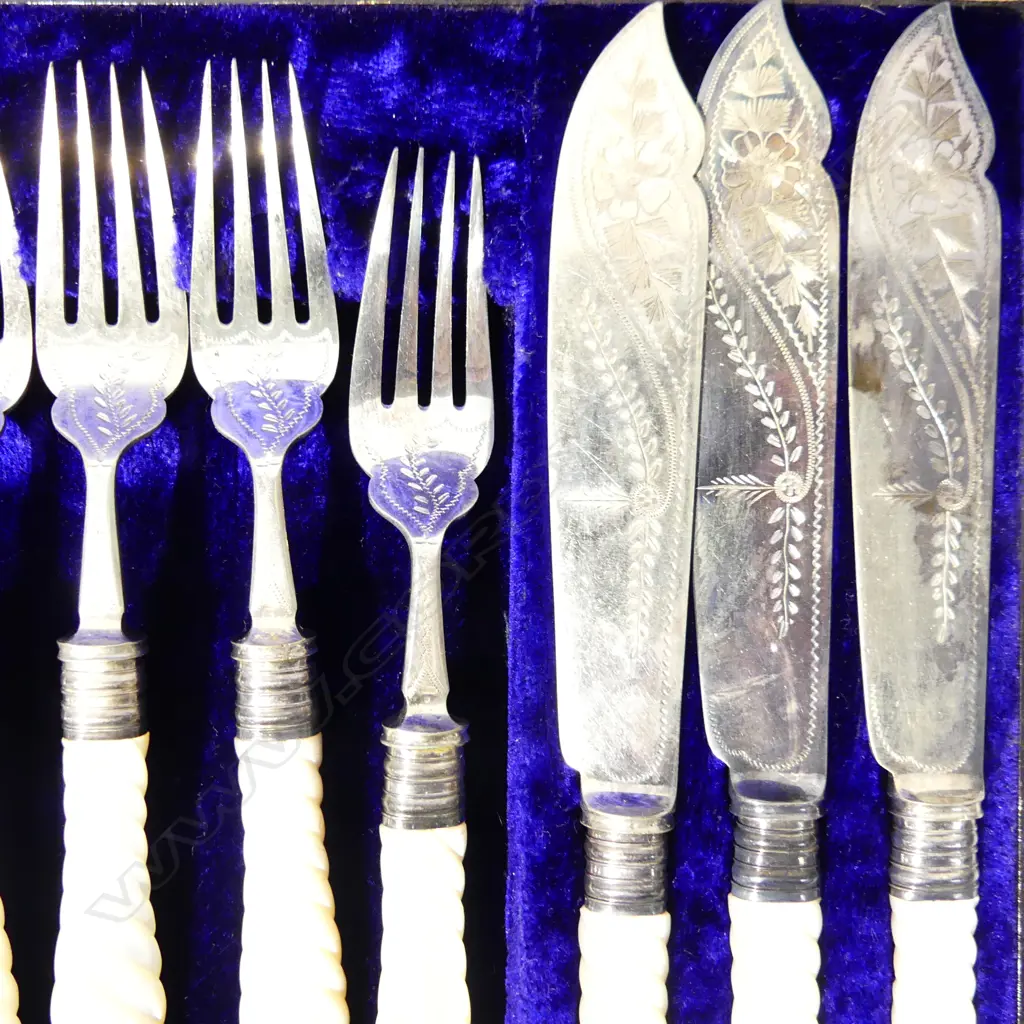 SILVER PLATE & MOP FANCY CASED FISH SET Image 1++