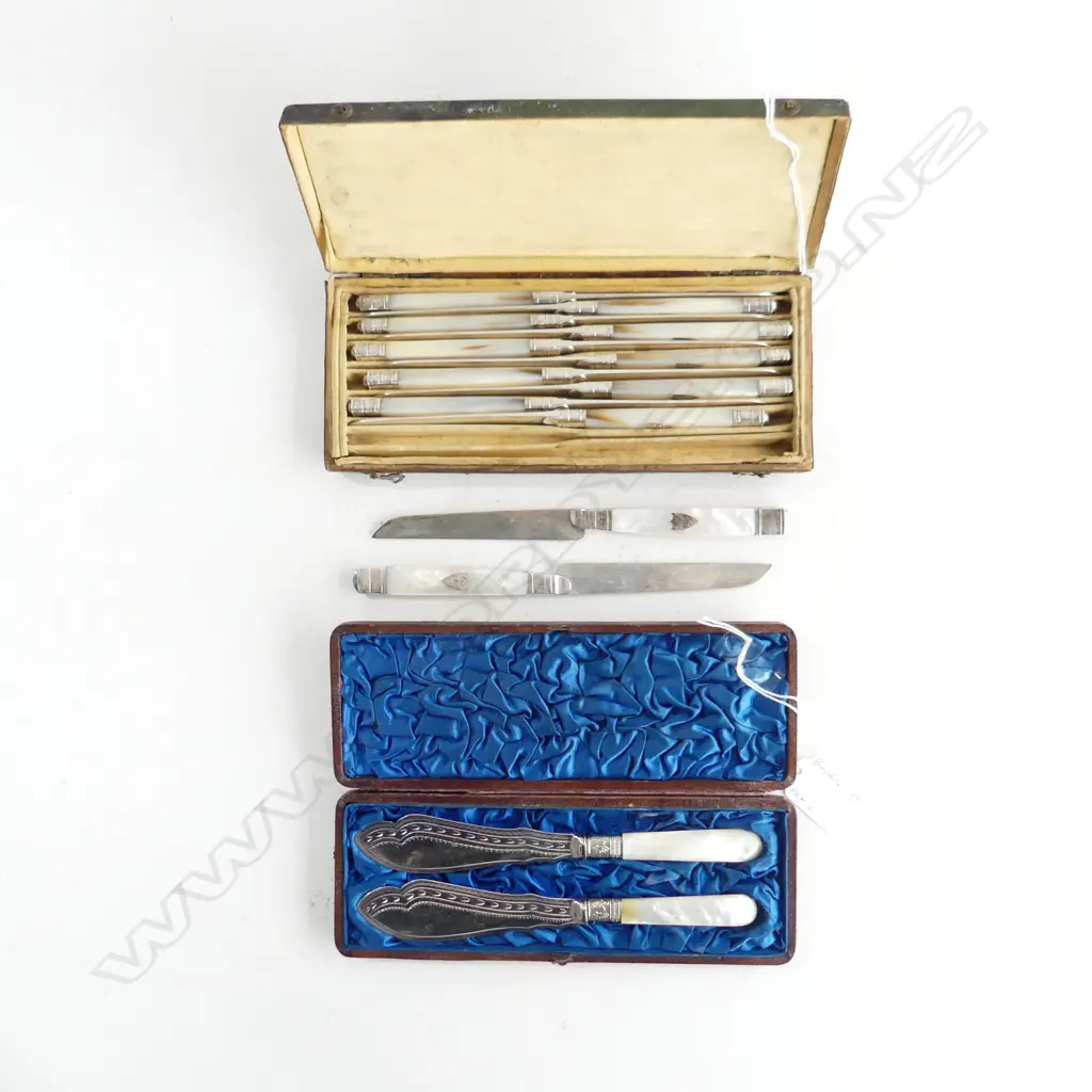 12 MoP & SILVER BUTTER KNIVES (CASED) EUROPEAN HALLMARK WORN + PR BOXED MOP HANDLE BUTTER KNIVES Image 1++