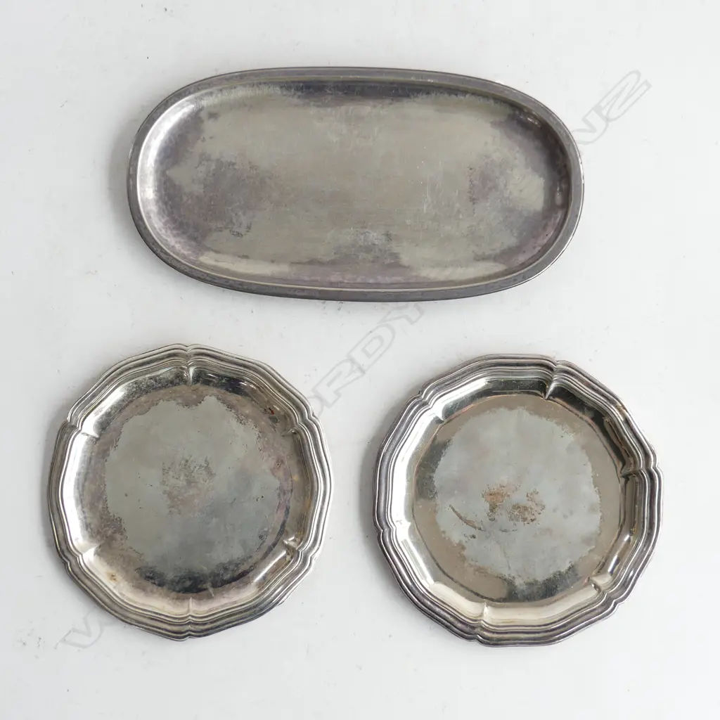 3 PCES GERMAN 835 SILVER; PR COASTERS 140mm dia + OVAL TRAY 115x220mm 277 GRAMS  Image 1++