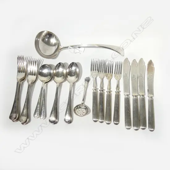 22 PCES ASST. SILVER PLATE CUTLERY; 8 PCE FISH SET, LADLE ETC