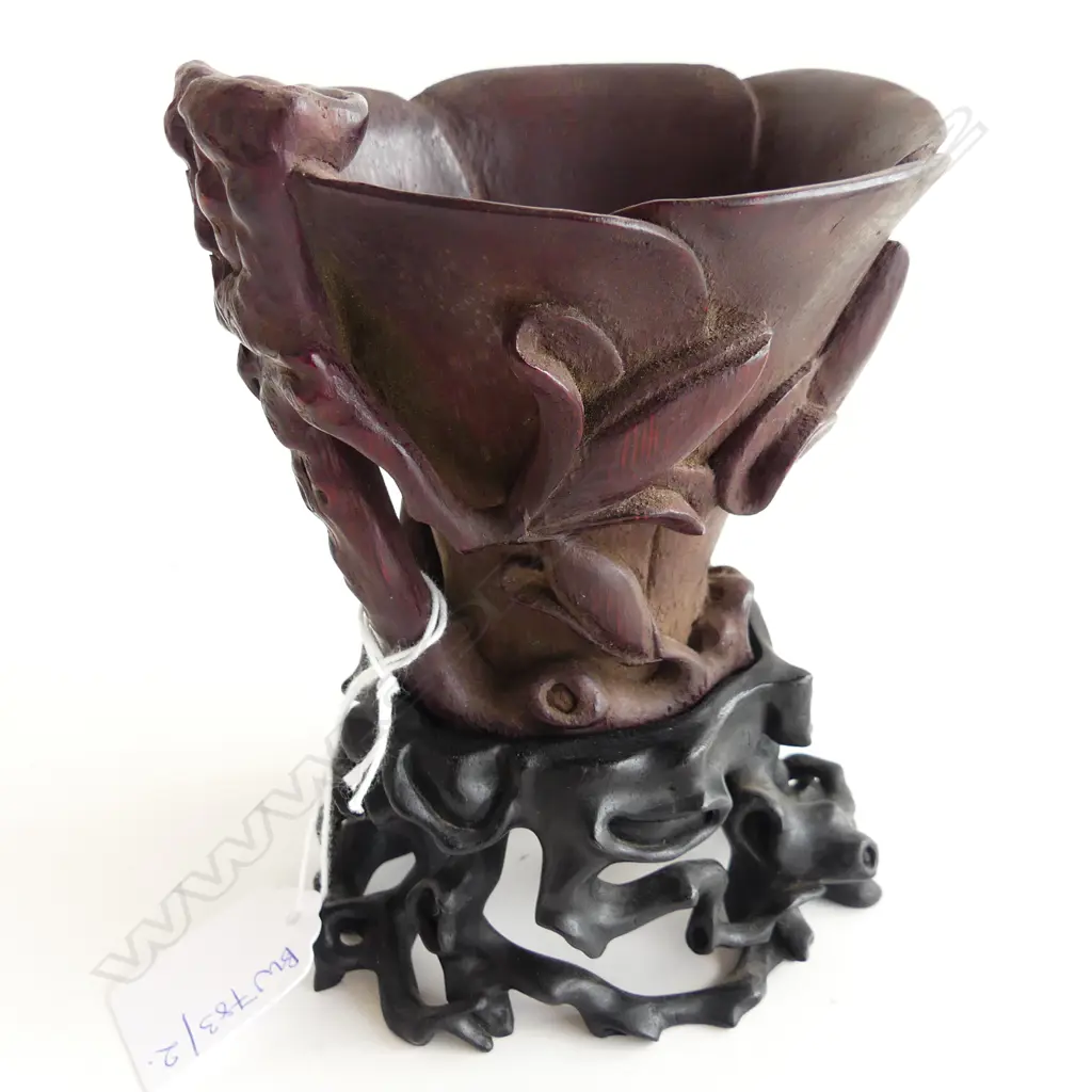 CHINESE CARVED BAMBOO / WOODEN? LIBATION CUP ON EBONISED STAND Image 1++