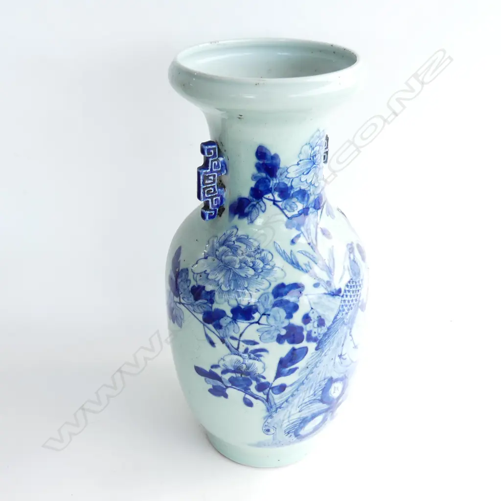 LG OLD CHINESE B/W VASE H.430mm BIRD IN FLOWERS Image 1++