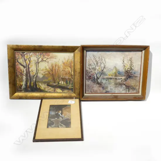 3 OLD PAINTINGS BLACKSMITH + 2 X RIVER SCENES