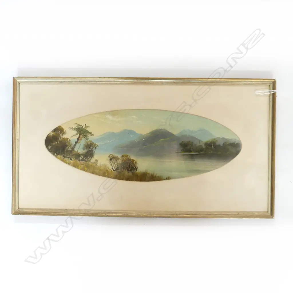 COLONIAL OIL LAKE & MOUNTAIN SCENE OVAL. 170 x 460mm Image 1++
