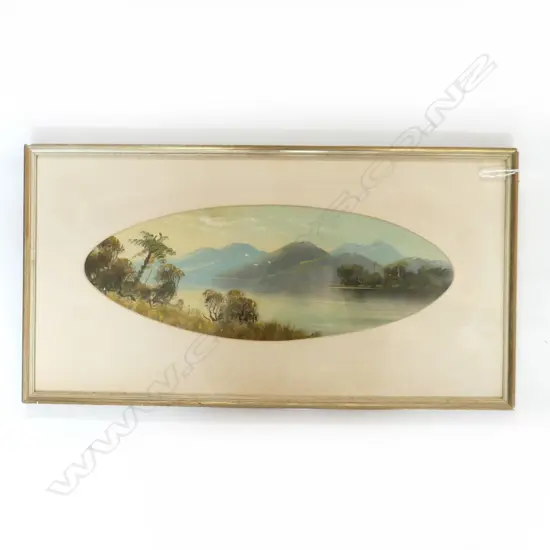 COLONIAL OIL LAKE & MOUNTAIN SCENE OVAL. 170 x 460mm