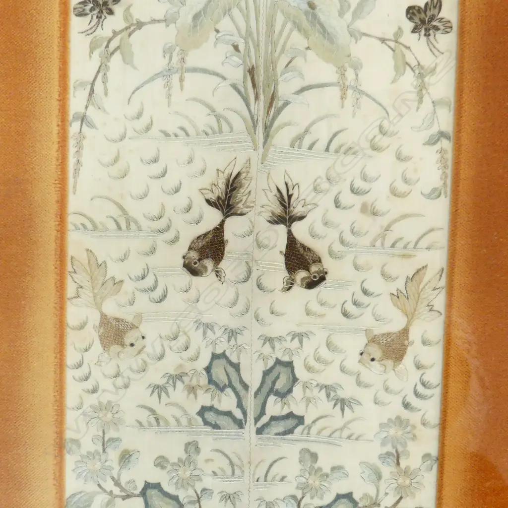 OLD CHINESE FINELY EMBROIDED SILK MADERINS CUFFS 490 x 175mm framed Image 1++