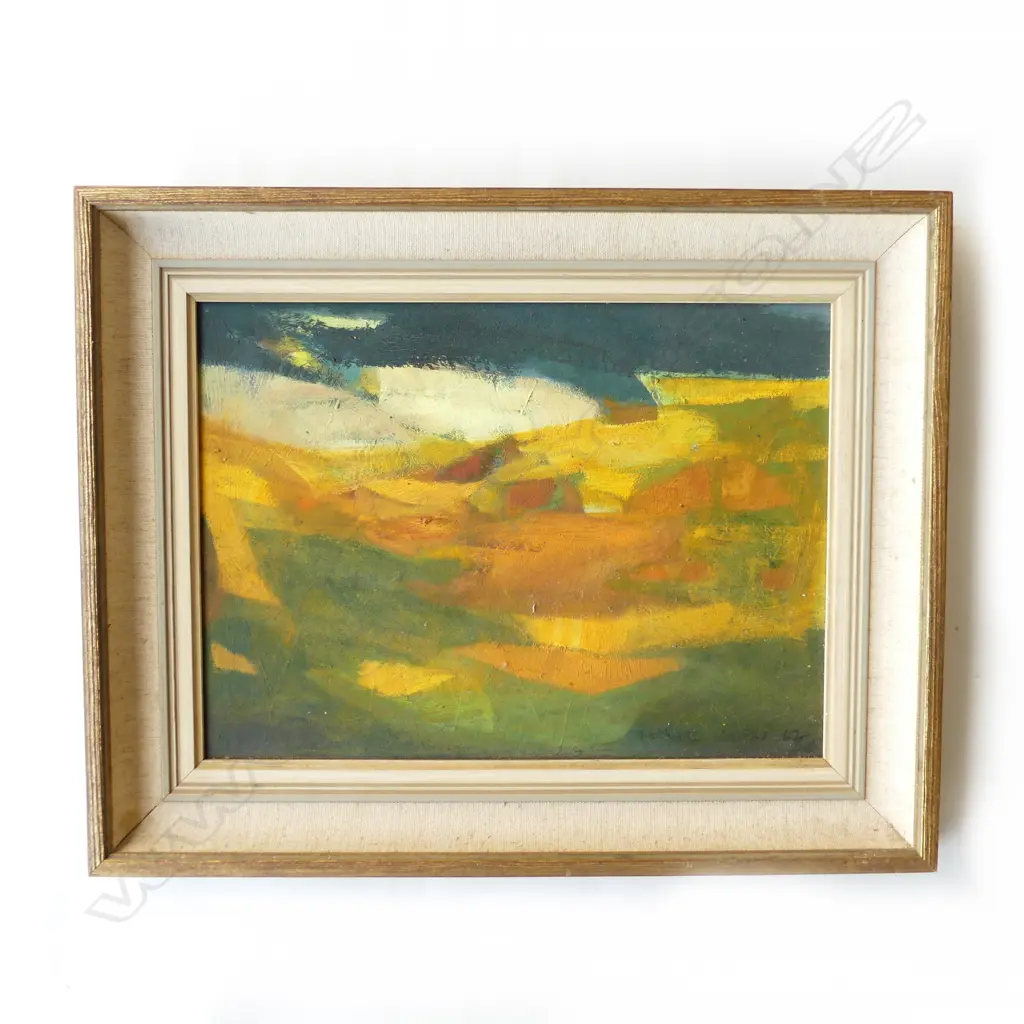 BERNARD WATERS (NZ WORKING c.1968-2020) UNTITLED ORANGE ABSTRACT, OIL ON BOARD '67 230x310mm  Image 1++