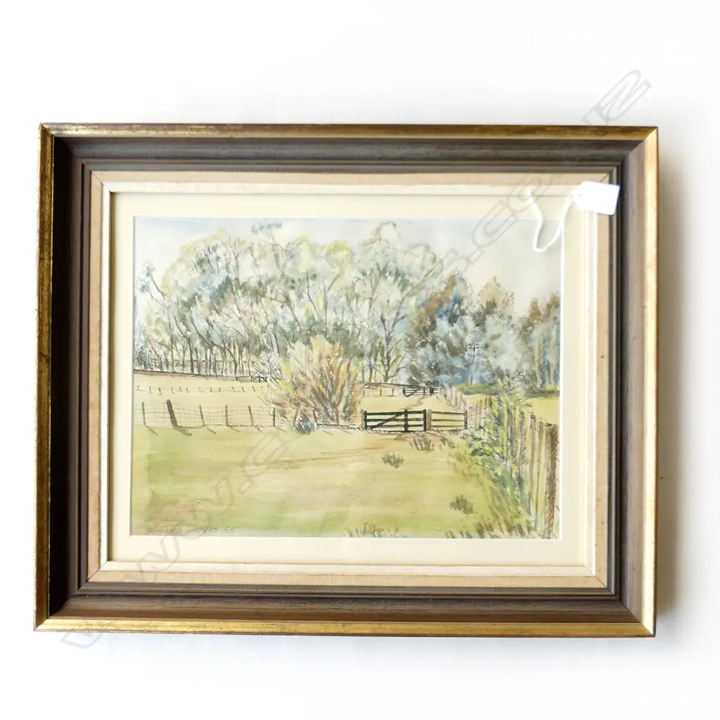 BERNARD WATERS (NZ WORKING c.1968-2020) LANDSCAPE w. FARM PADDOCKS W/C SKETCH '55 275x370mm  Image 1++