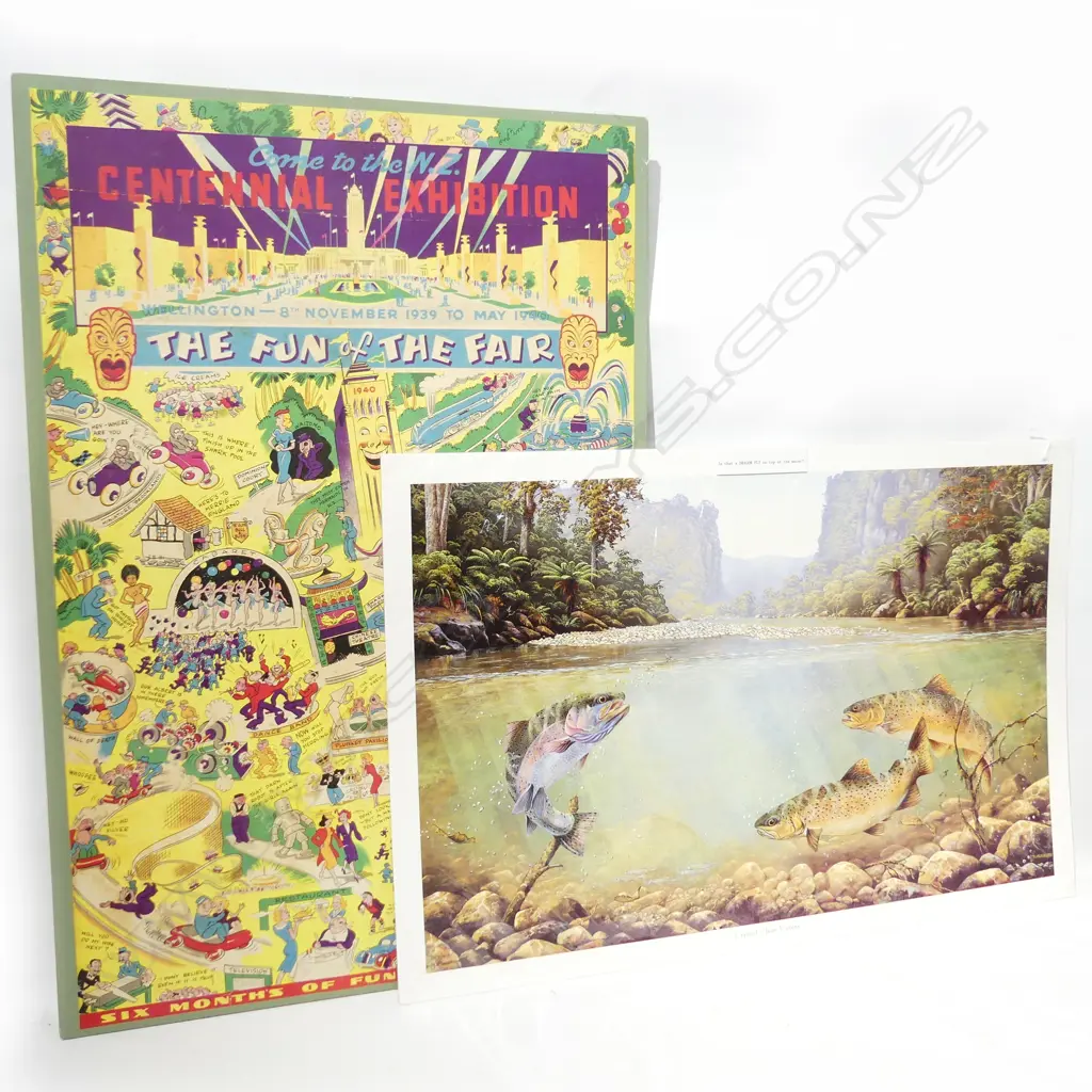 NZ CENTENNIAL EXHIBITION ADVERTISING POSTER ON BOARD 'THE FUN OF THE FAIR' 5 00 X 750MM + CLEAR WATER PRINT Image 1++