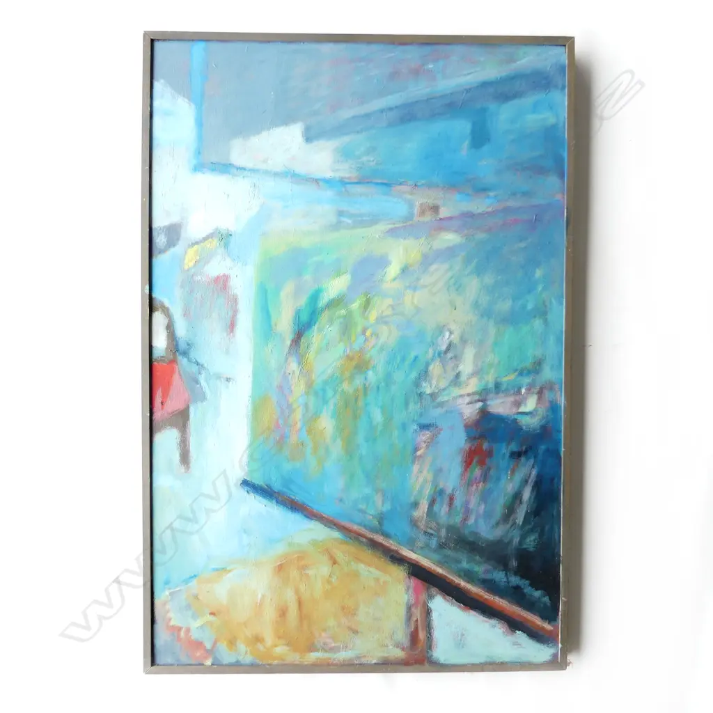 BERNARD WATERS (NZ WORKING c.1968-2020) UNTITLED BLUE ABSTRACT, OIL ON BOARD, UNSIGNED 655x430mm Image 1++