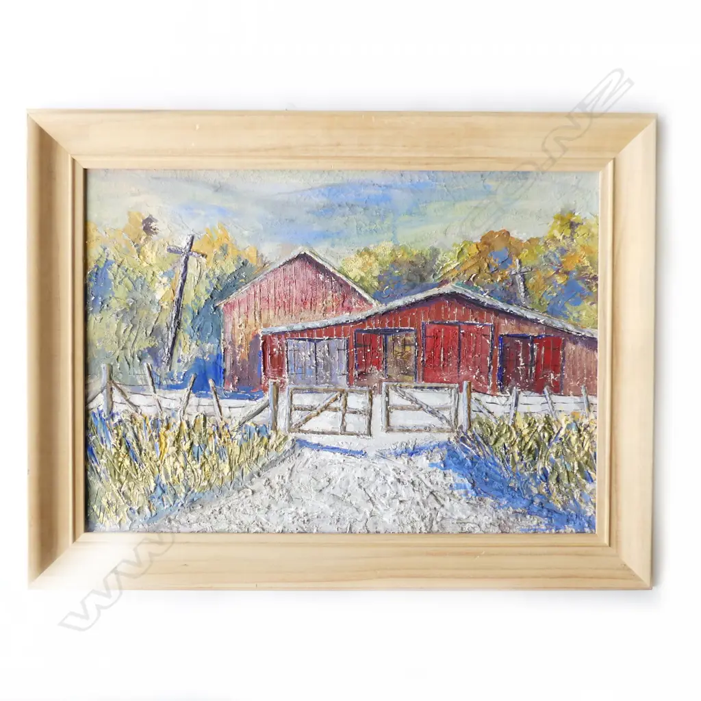 BERNARD WATERS (NZ b.1936) ABANDONED SHEDS WESTERN SPRINGS, PAINTED PLASTER RELIEF ON BOARD, ELAM 1961 380x540mm Image 1++