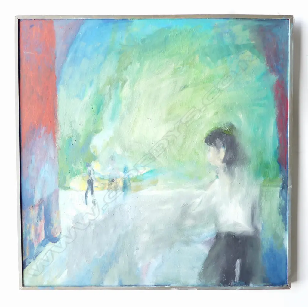 BERNARD WATERS (NZ WORKING c.1968-2020), UNTITLED BLU ABSTRACT (STAGE DANCERS), OIL ON BOARD, UNSIGNED 595x595mm Image 1++