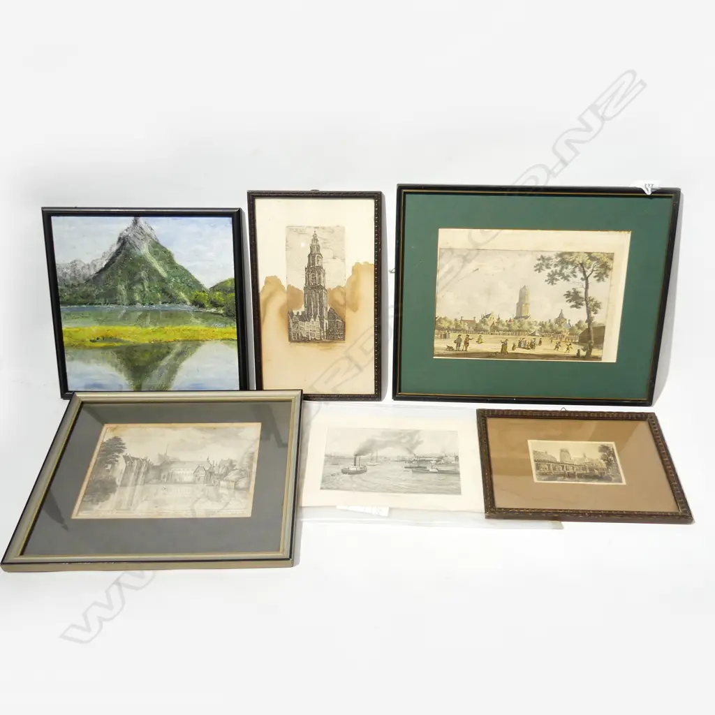 5 ANTIQUE ENGRAVINGS + OIL PAINTING MITRE PEAK Image 1++
