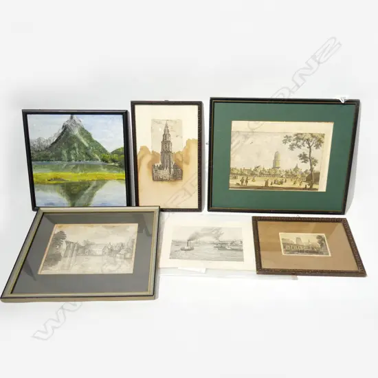 5 ANTIQUE ENGRAVINGS + OIL PAINTING MITRE PEAK