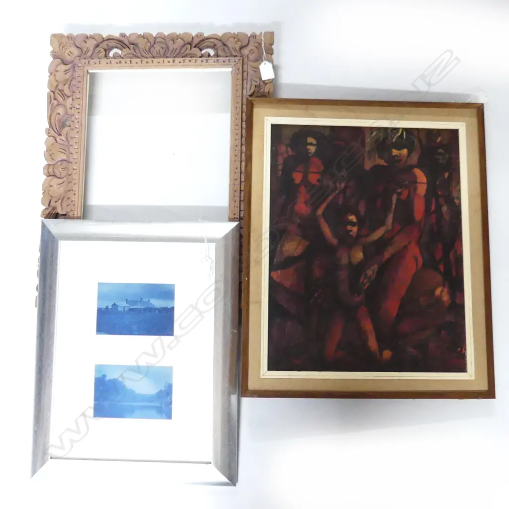 CARVED FRAME (445 X 530MM) + RUSSELL DRYSDALE PRINT (460 X 360MM) + 2 OLD PHOTOS IN FRAME (HOMESTEAD & RIVER) Image 1++