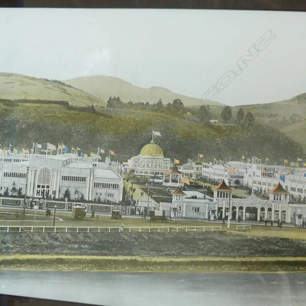 FRAMED NZ CENT. EXHIB. H/PAINTED & LABEL MEMORABILIA, PAUA SHELL INSET DECAL ON CORNERS (380 X 500MM) + ONE OTHER Image 1++