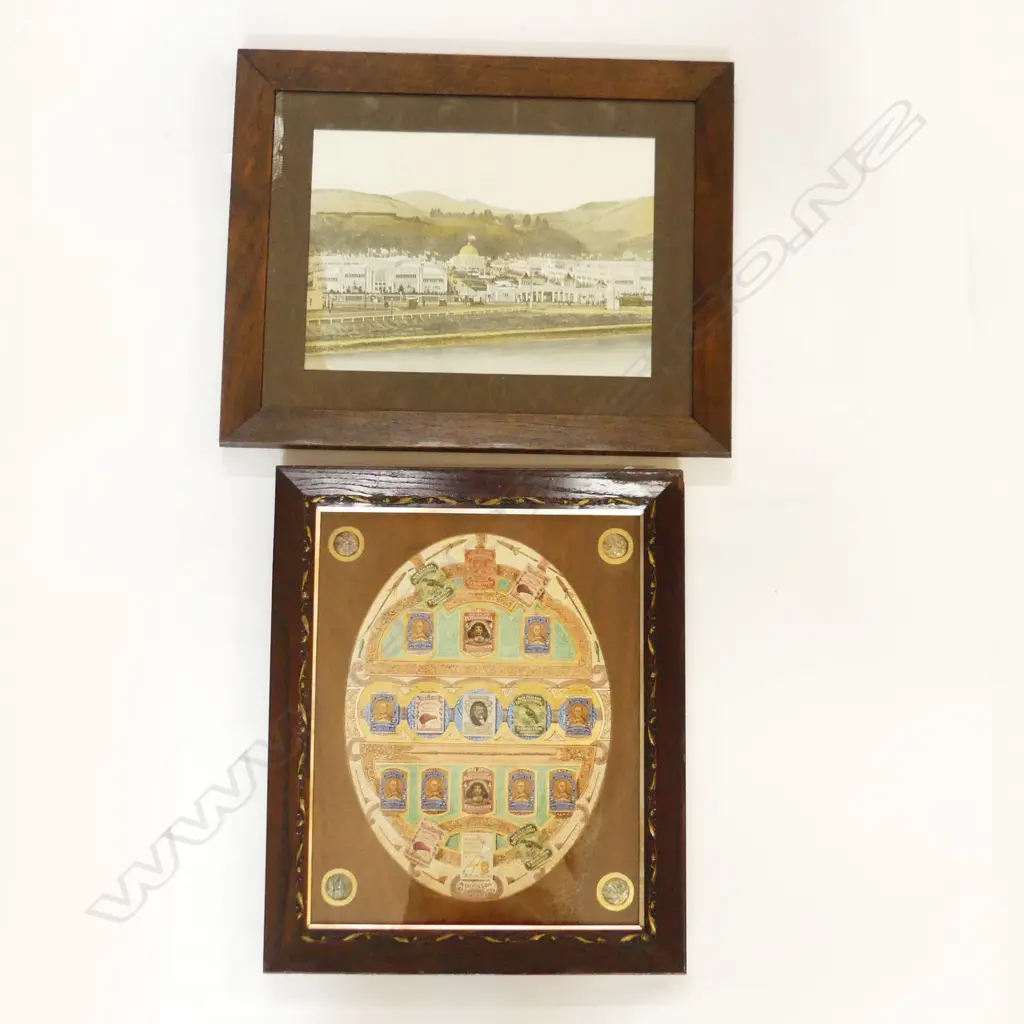 FRAMED NZ CENT. EXHIB. H/PAINTED & LABEL MEMORABILIA, PAUA SHELL INSET DECAL ON CORNERS (380 X 500MM) + ONE OTHER Image 1++