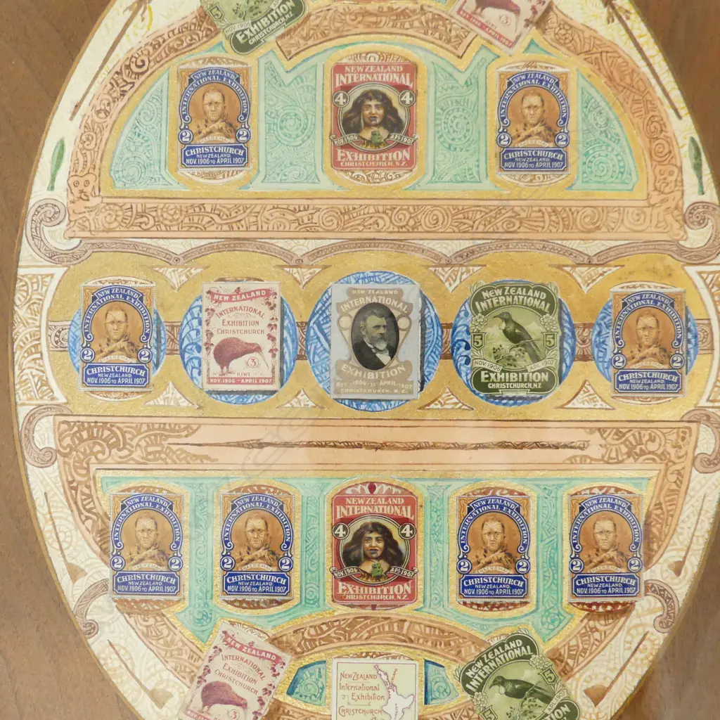 FRAMED NZ CENT. EXHIB. H/PAINTED & LABEL MEMORABILIA, PAUA SHELL INSET DECAL ON CORNERS (380 X 500MM) + ONE OTHER Image 1++