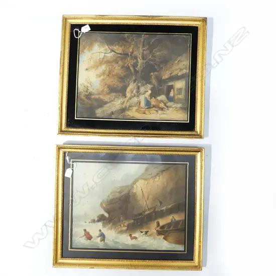 PAIR 19THC FRAMED WORKS POSSIBLY WATERCOLOUR. NAUTICAL AND COUNTRY SCENES. 345X445mm