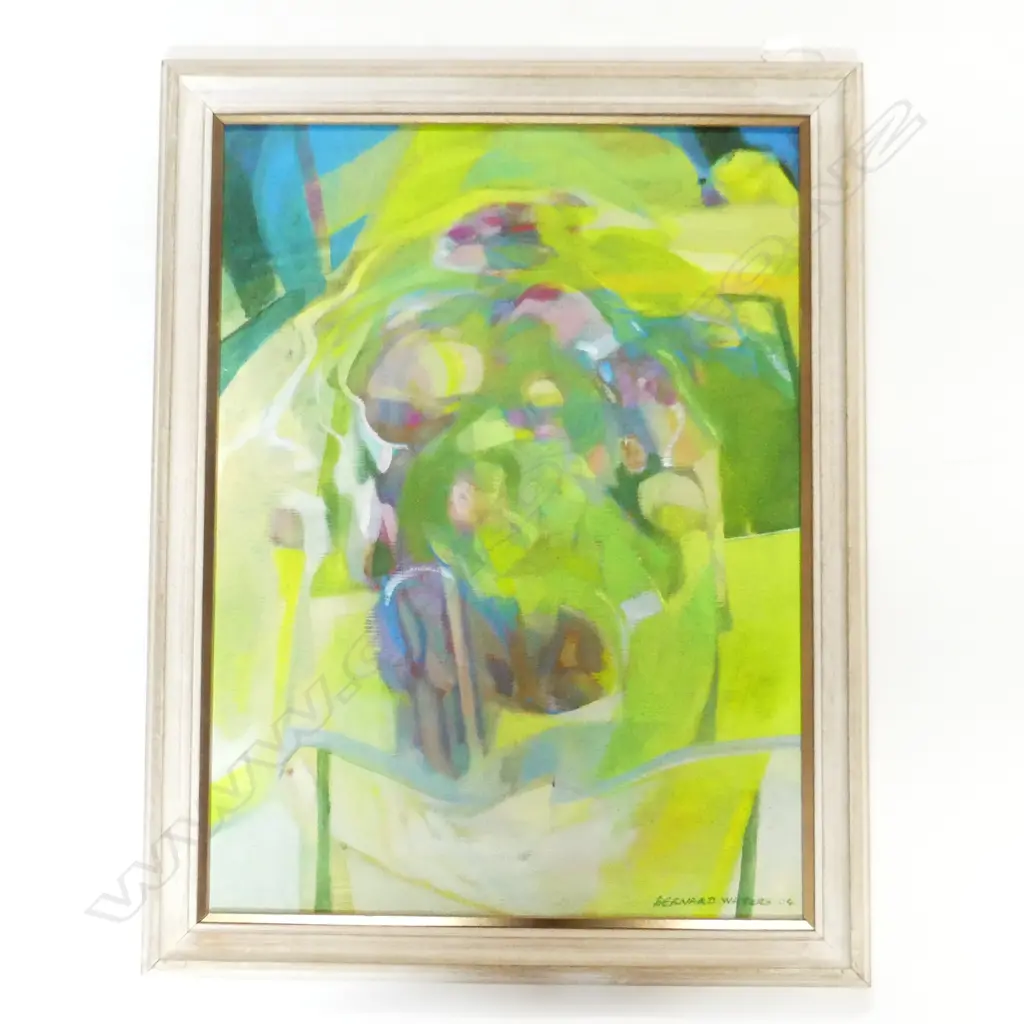 BERNARD WATERS (NZ WORKING c.1968-2004), UNTITLED GREEN ABSTRACT, OIL ON CANVAS BOARD 2004 680x500mm Image 1++