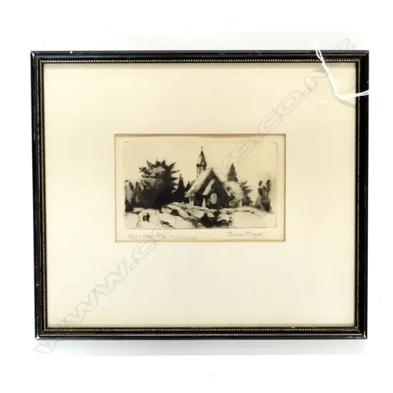 TREVOR LLOYD ETCHING ÓLD CHURCH 'MUNGAREI' SIGNED & ENTITLED 65 x 120mm