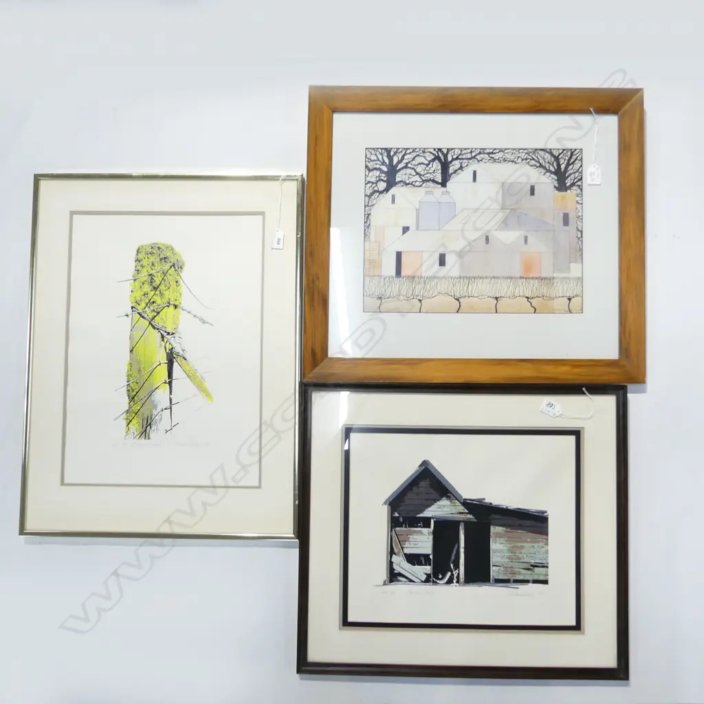 3 ART PRINTS; 2 BY SAME SIGNED ARTIST 'STRAINER POST' 40/109 '83 485x350mm & 'FARM SHED' 114/133 + GEOFFREY FULLER PRINT Image 1++