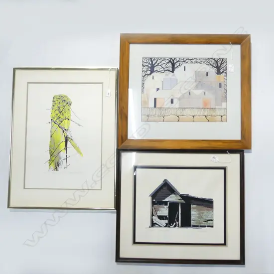 3 ART PRINTS; 2 BY SAME SIGNED ARTIST 'STRAINER POST' 40/109 '83 485x350mm & 'FARM SHED' 114/133 + GEOFFREY FULLER PRINT
