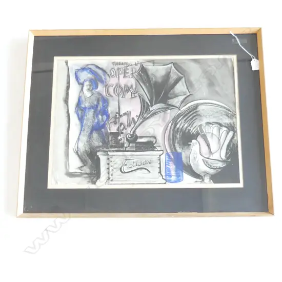 WILLIAM MAIN? MIXED MEDIA GRAMOPHONE DRAWING - SIGNED & DATED VERSO JAN. 1959 385x545mm 