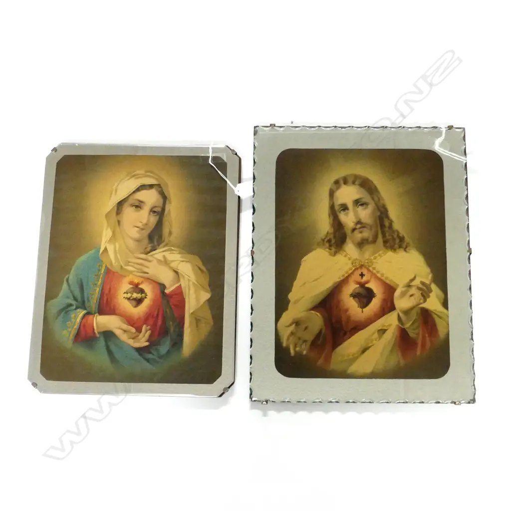 PR VINTAGE PICTURE MIRRORS; JESUS & MARY w. SACRED HEART 460x355mm Image 1++