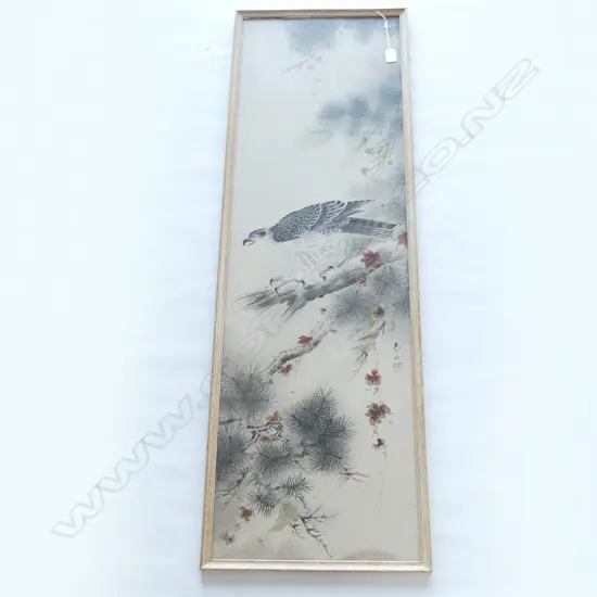 ORIENTAL PAINTING ON FABRIC; EAGLE / BIRD OF PREY IN PINE 1210x375mm