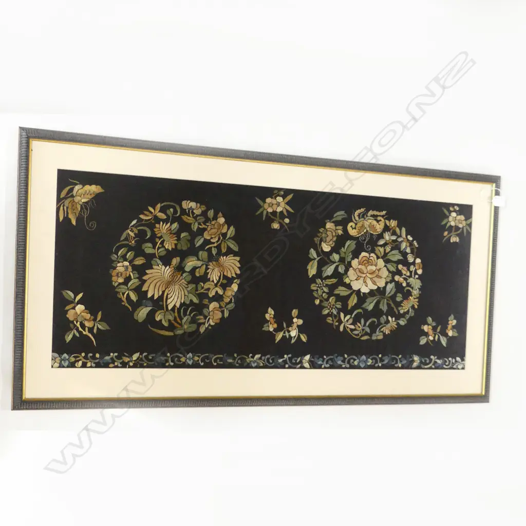 LGE CHINESE FINE EMBROIDERY ON BLACK SILK 970 x 390mm Image 1++