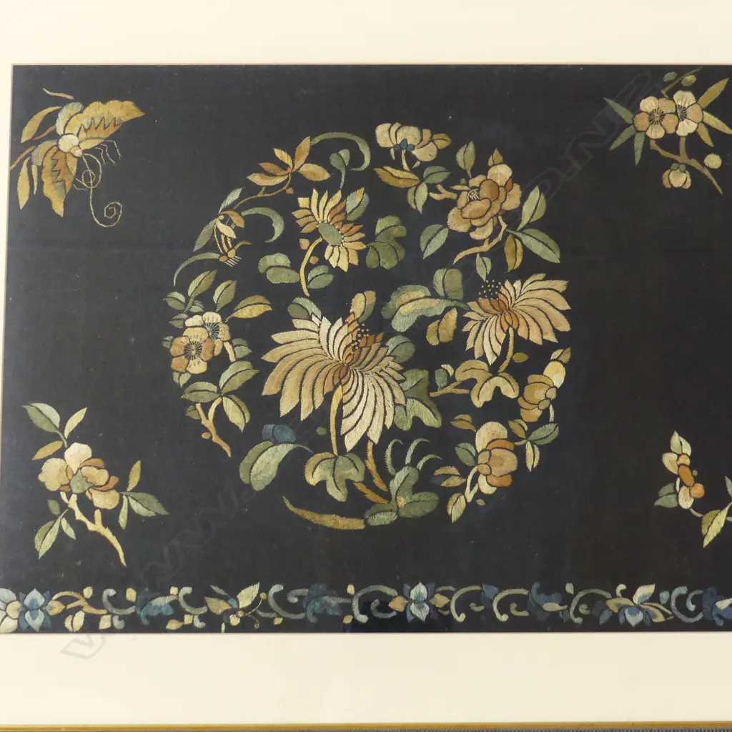 LGE CHINESE FINE EMBROIDERY ON BLACK SILK 970 x 390mm Image 1++