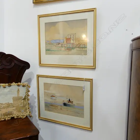 PR JOHN LAWFORD WATERCOLOURS 1952, SHIP IN HARBOUR & FISHING BOAT AT WHARF w MARLIN H.250 x 340mm FOXING