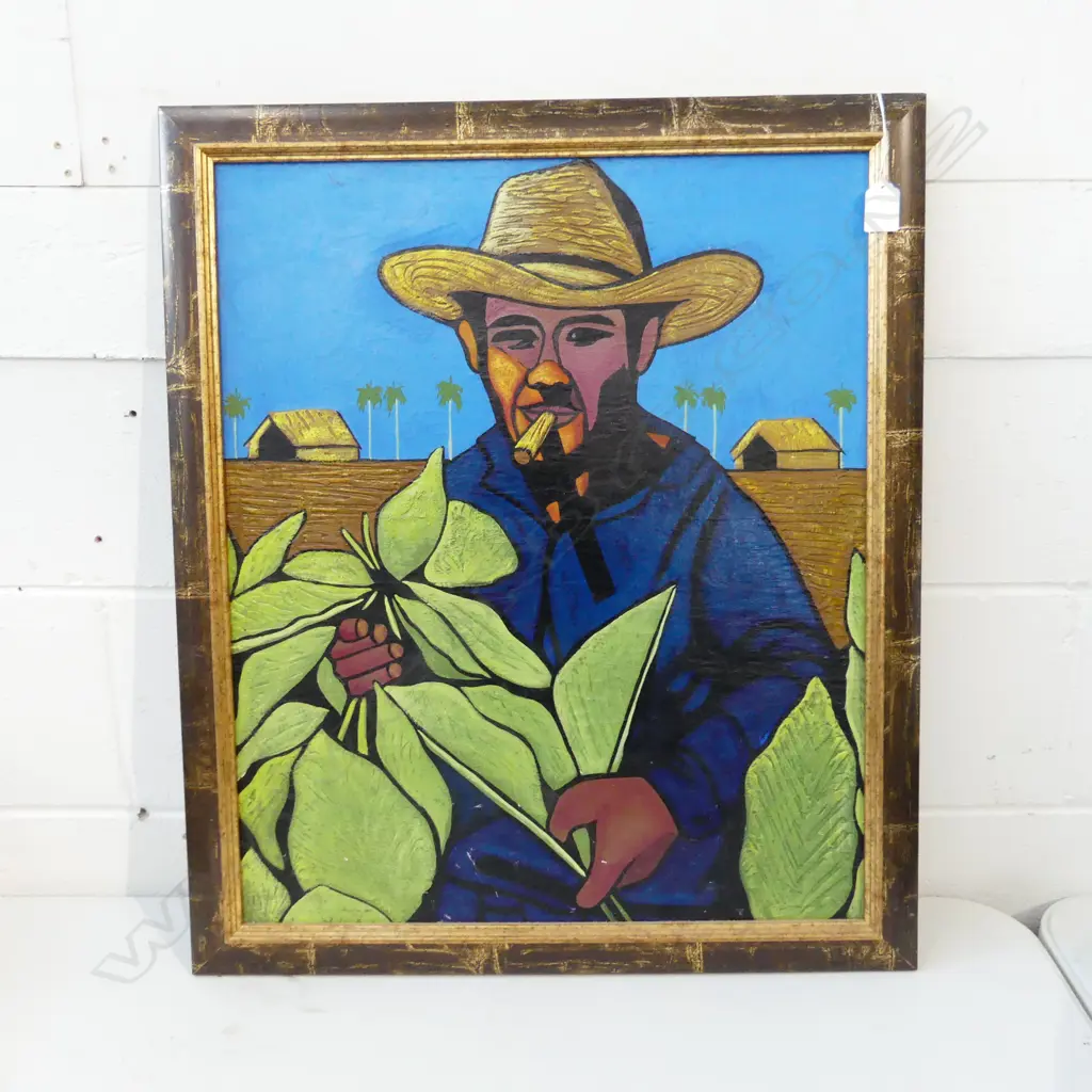 COLOURFUL OIL ON CANVAS, CUBAN FARMER W CIGAR H.600 x 500mm Image 1++