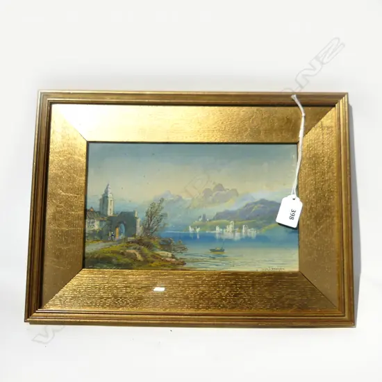 SIGNED EUROPEAN GOUACHE LANDSCAPE, GILT FRAME 150x250mm