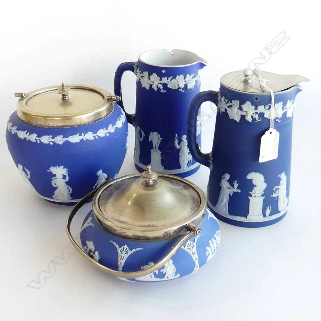 4 PCE DARK BLUE WEDGWOOD JASPERWARE; 2 JUGS H.160mm + 2 BISCUIT BARRELS Image 1++