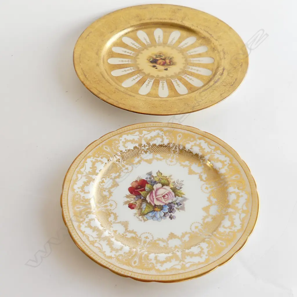 AYNSLEY CABINET PLATES. ONE WITH FRUIT CENTRAL DECOR AND GILT ENRICHMENT DIA. 270mm .OTHER CENTRAL ROSES  DIA . 230mm Image 1++