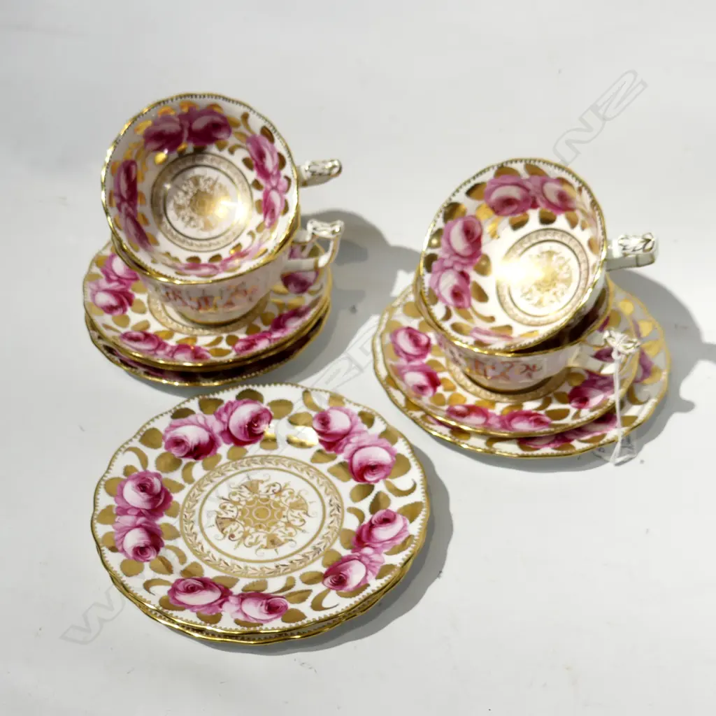 4 ANTIQUE HAND PAINTED ROSES & GILT CUPS & SAUCERS + 3 PLATES Image 1++