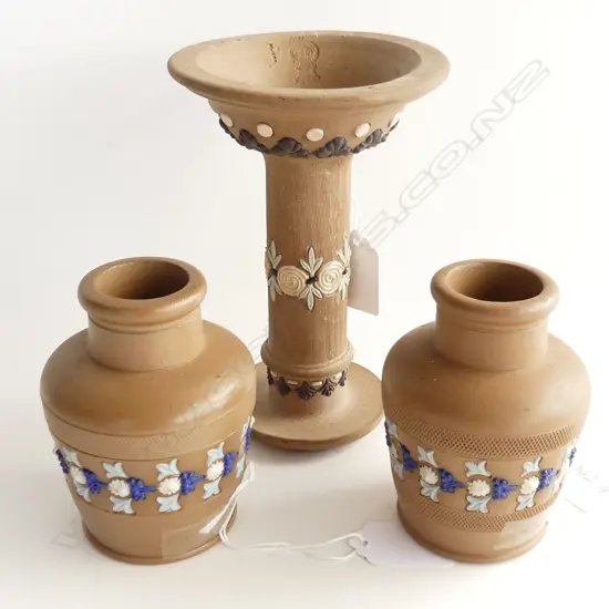 3 ITEMS ROYAL DOULTON SILICAWARE. CANDLESTICK H. 160mm & TWO SMALL VASES. H. 100mm (BOTH)
